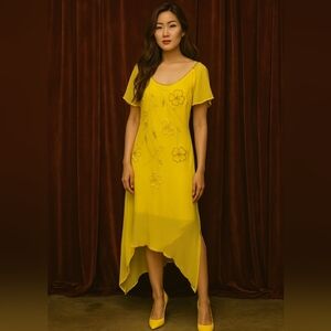 Women's Yellow Chiffon dress, Size Small. Beaded Detail. Asymmetrical Hem